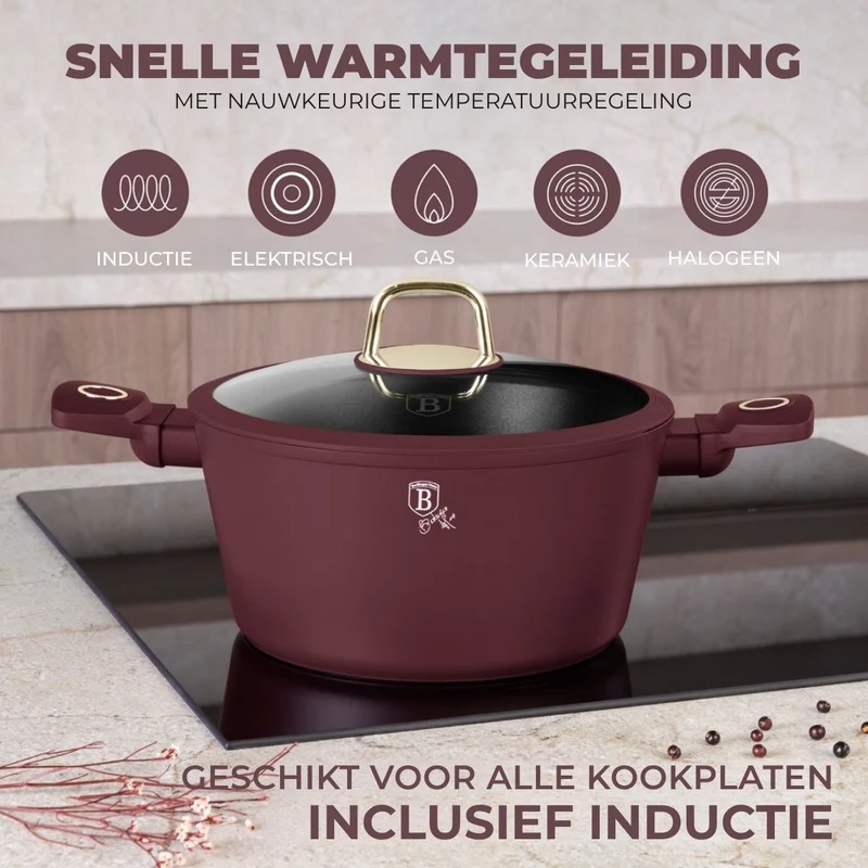 BerlingerHaus Topfset Matt Bordeaux 11-teilig - Kochtopf ø 20, 24, 28 cm, Bratpfanne ø 24, 28 cm & Stielkasserolle ø 16 cm - geeignet für alle Wärmequellen