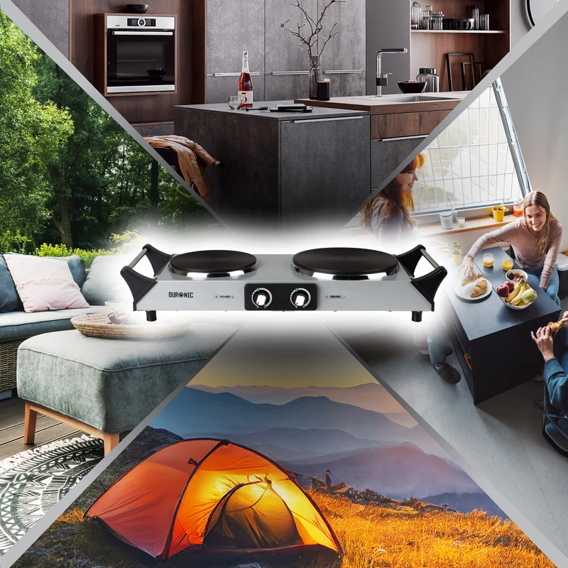 Duronic HP2 SS Doppel Kochplatte, Elektrische Doppelkochplatte mit Griffen 2 Kochfelder stufenlos regelbar, Campingkocher mit Massekochfeld, Tragbare Herdplatte aus Edelstahl für Camping, 2500 W