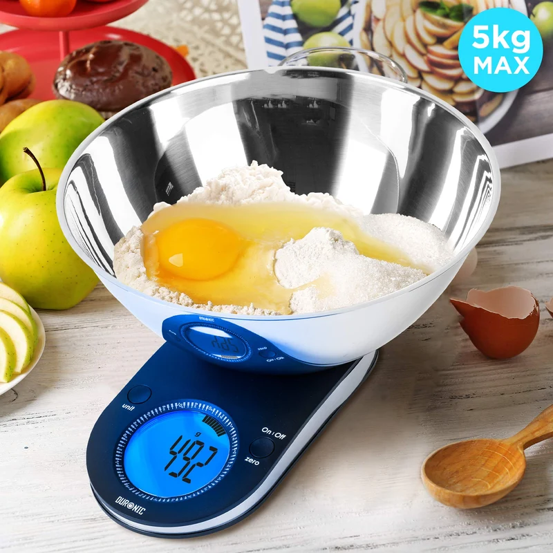 Duronic KS5000 Küchenwaage | 5 kg Digitalwaage oval mit 3 L abnehmbarer Schüssel | 1 g grammgenau Präzision-Feinwaage | Haushaltswaage mit Tara-Funktion | Digitale Waage mit Hold-Funktion | Zum Backen