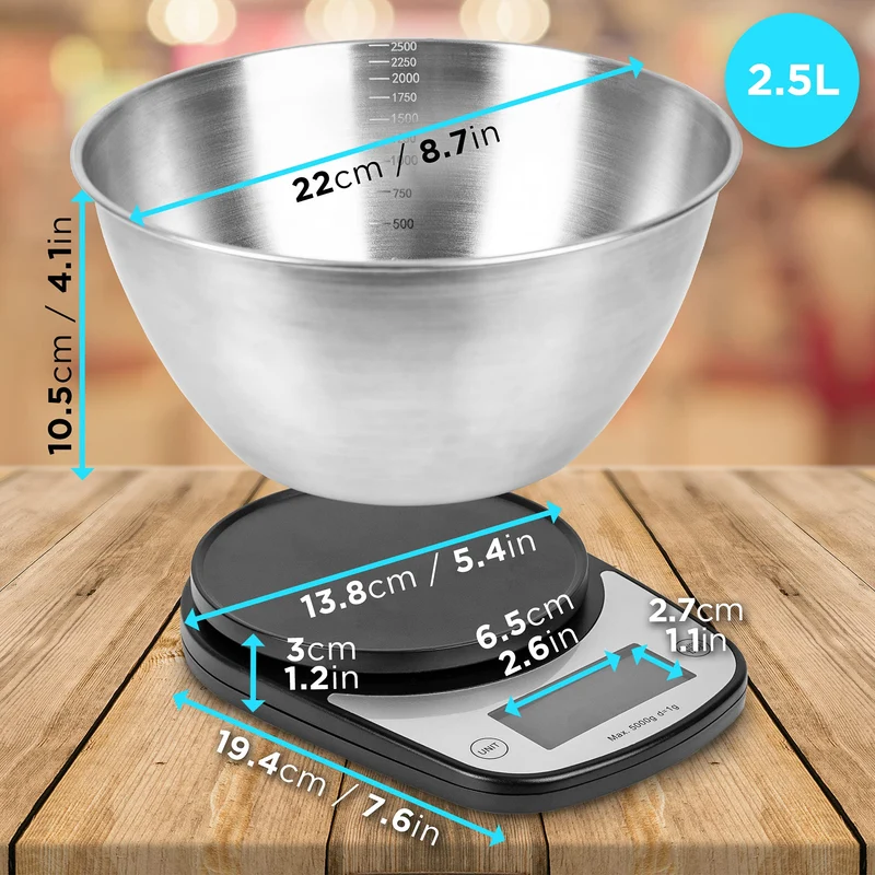 Duronic KS5000 BK/SS Küchenwaage | 5 kg Digitalwaage oval mit 2,5 L abnehmbarer Schüssel | 1 g grammgenau Präzision-Feinwaage | Haushaltswaage mit Tara-Funktion | Digitale Waage mit Hold-Funktion