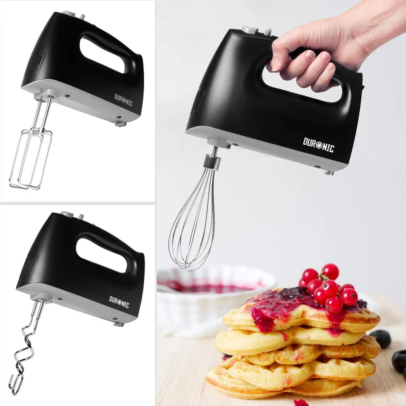 Duronic HM4 BK elektrischer Handmixer 400W, Handrührgerät mit Aufbewahrungsbox, Rührgerät Rührbesen Knethaken Aufbewahrungsbox, Rührmaschine, Küchenmixer, Handrührer, Mixer für Backen, Teig, Schwarz