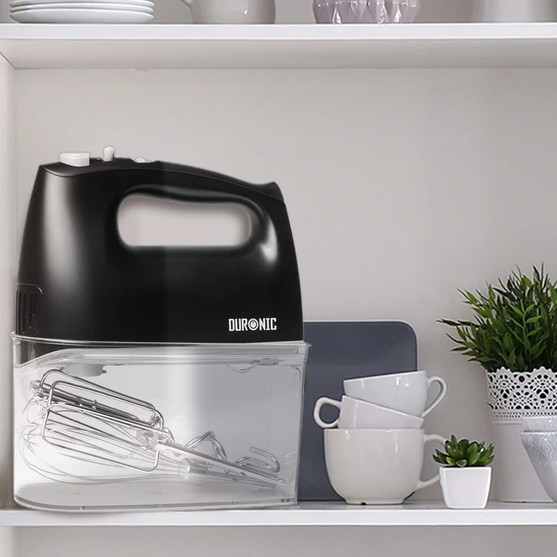 Duronic HM4 BK elektrischer Handmixer 400W, Handrührgerät mit Aufbewahrungsbox, Rührgerät Rührbesen Knethaken Aufbewahrungsbox, Rührmaschine, Küchenmixer, Handrührer, Mixer für Backen, Teig, Schwarz