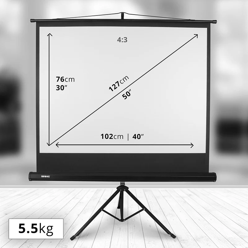Duronic TPS50 Leinwand, 50" Stativleinwand, Stativ Beamerleinwand mit 102 x 76 cm Fläche im 4:3 Format, Heimkino mit 4K Full HD 3D, Projektorleinwand für Schule und Büro, Präsentationsleinwand
