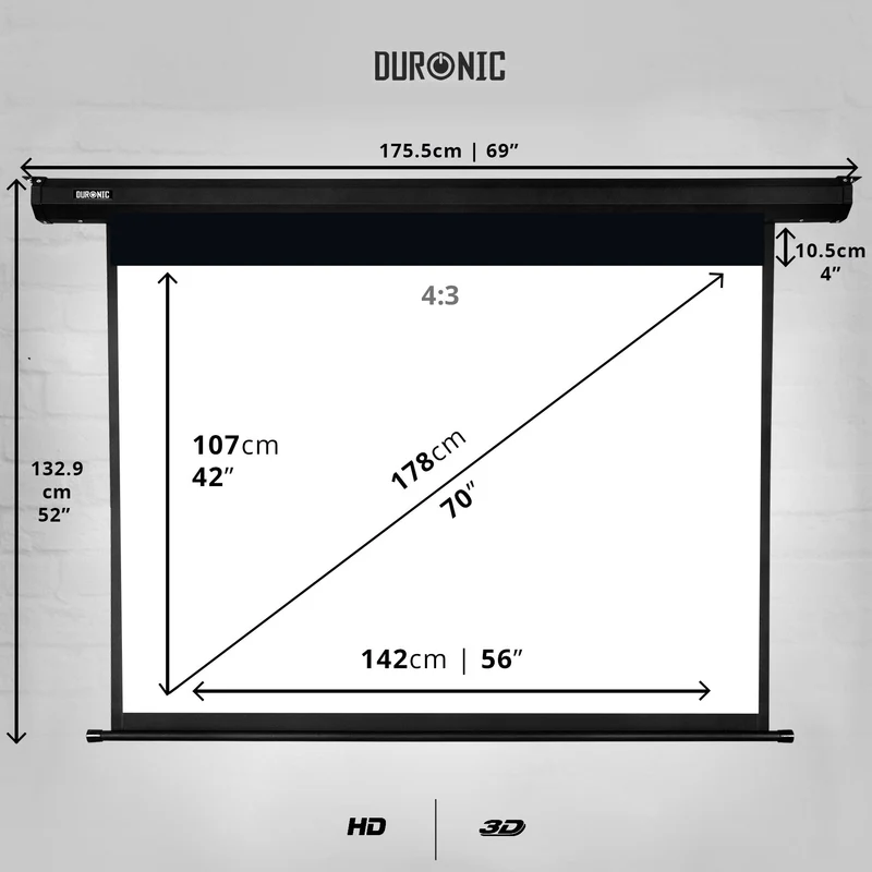 Duronic EPS70 Leinwand | 70 Zoll Rollo mit 142 x 107 cm | 4:3 Heimkino mit 4K Full HD 3D | Projektionsleinwand für Decken- und Wandmontage | Gain 1.0 | Beamerleinwand mit Motor für Fernbedienung