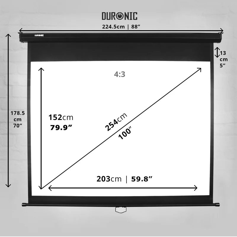 Duronic MPS100 4:3 Leinwand | 100" Zoll Rolloleinwand 203 x 152 cm | Heimkino mit 4K Full HD 3D | Gain 1.0 | Projektionsleinwand für Decken und Wandmontage | Beamerleinwand für Büro und Präsentationen