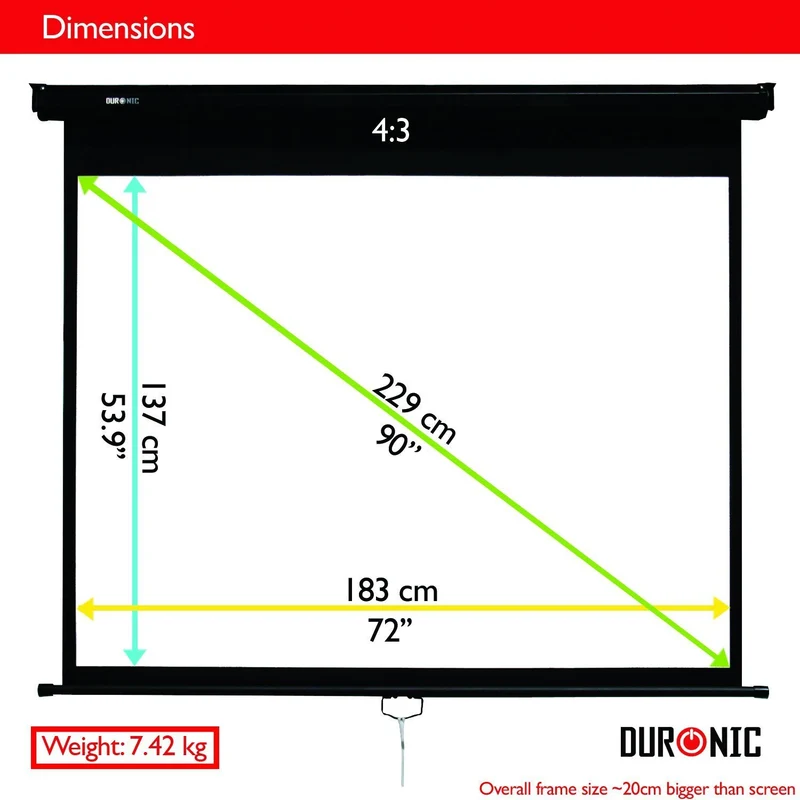 Duronic MPS90 Leinwand | 4:3 Rolloleinwand 90" Zoll 183 x 137 cm | Heimkino mit 4K Full HD 3D | Gain 1.0 | Projektionsleinwand für Decken und Wandmontage | Beamerleinwand für Büro und Präsentationen