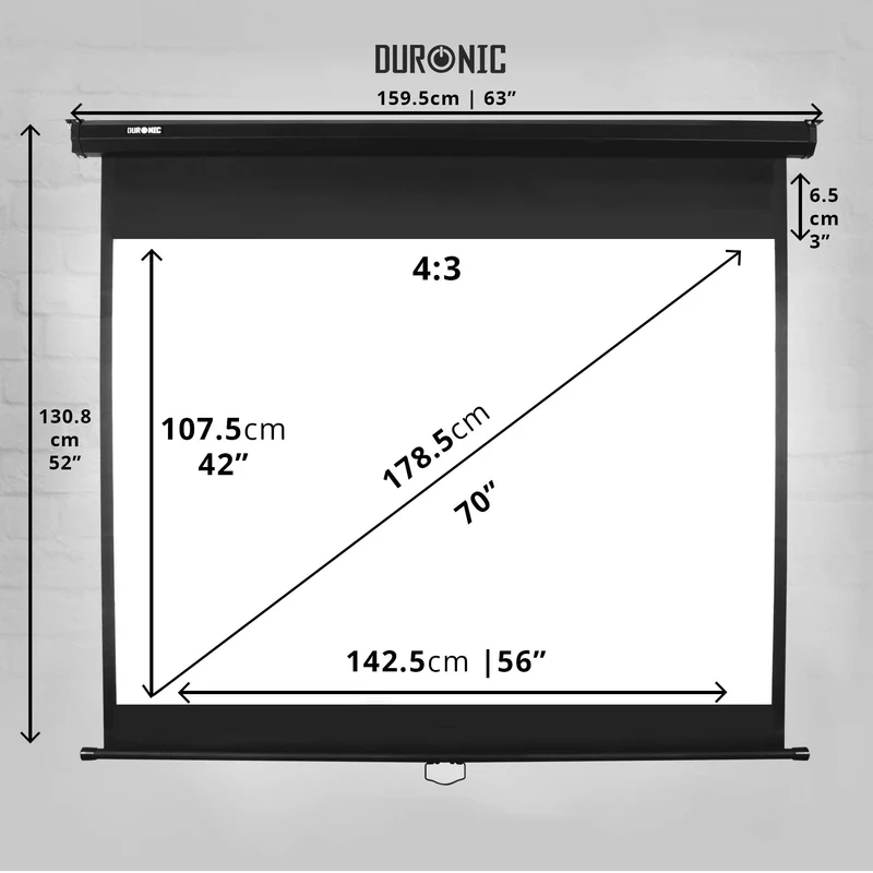 Duronic MPS70 Leinwand | 4:3 Rolloleinwand 70" Zoll 152 x 107 cm | Heimkino mit 4K Full HD 3D | Gain 1.0 | Projektionsleinwand für Decken und Wandmontage | Beamerleinwand für Büro und Präsentationen