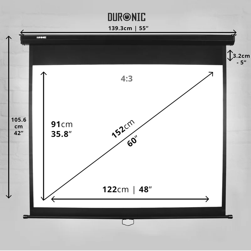 Duronic MPS60 Leinwand, 4:3 Rolloleinwand 60" Zoll 122 x 91 cm, Heimkino mit 4K Full HD 3D, Gain 1.0, Projektionsleinwand für Decken und Wandmontage, Beamerleinwand für Büro und Präsentationen