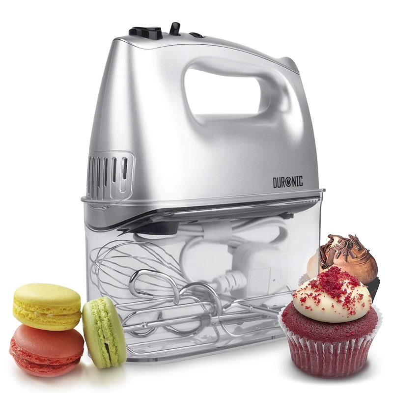 Duronic HM4 SR elektrischer Handmixer 400W, Handrührgerät mit Aufbewahrungsbox, Rührgerät Rührbesen Knethaken Aufbewahrungsbox, Rührmaschine, Küchenmixer, Handrührer, Mixer für Backen, Teig, Grau