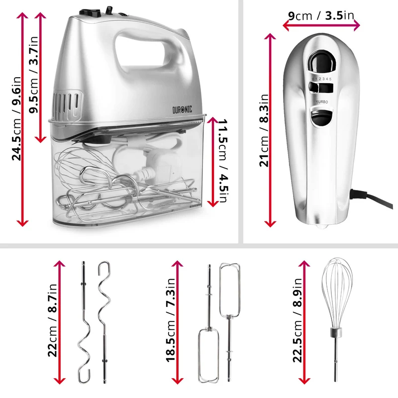 Duronic HM4 SR elektrischer Handmixer 400W, Handrührgerät mit Aufbewahrungsbox, Rührgerät Rührbesen Knethaken Aufbewahrungsbox, Rührmaschine, Küchenmixer, Handrührer, Mixer für Backen, Teig, Grau