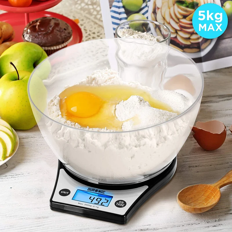 Duronic KS6000 BK Küchenwaage | 5 kg Digitalwaage rund mit 2,5 L abnehmbarer Schüssel | 1 g grammgenau Präzision-Feinwaage | Haushaltswaage mit Tara-Funktion | Digitale Waage mit Hold-Funktion