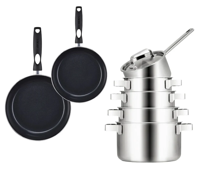 Sola Topfset Ruby 7-Teilig Premium Triply Edelstahl - Kochtopf ø 16, 18, 20 und 24 cm und Stielkasserolle ø 16 cm & BEKA Bratpfannen Pro Induc ø 24 & 28 cm