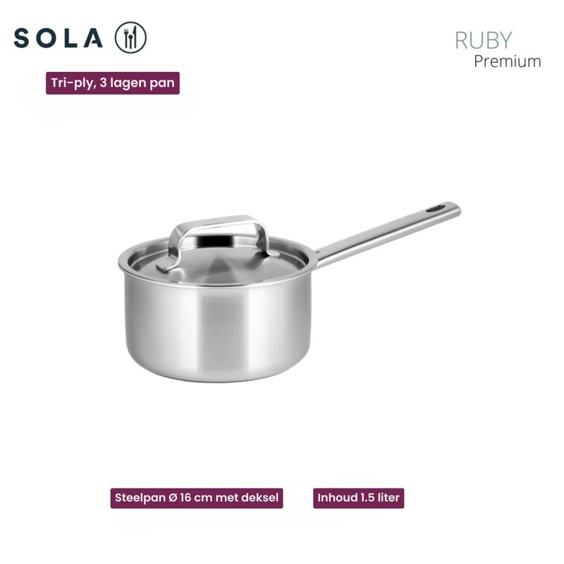 Sola Topfset Ruby 5-Teilig Premium Triply Edelstahl - Kochtopf ø 16, 18, 20, 24 cm & Stielkasserolle ø 16 cm - geeignet für alle Wärmequellen