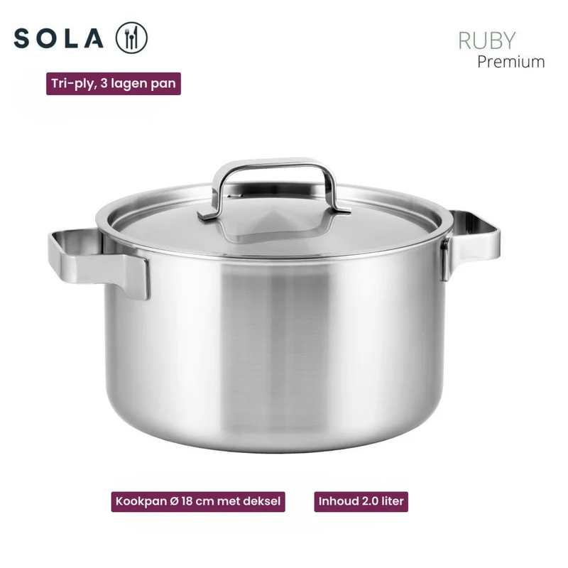 Sola Topfset Ruby 5-Teilig Premium Triply Edelstahl - Kochtopf ø 16, 18, 20, 24 cm & Stielkasserolle ø 16 cm - geeignet für alle Wärmequellen