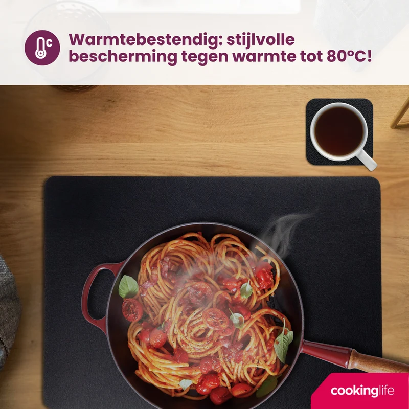Cookinglife 6 Platzsets + 6 Untersetzer - Veganes Leder - Schwarz - 12 Stück