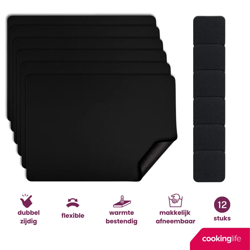 Cookinglife 6 Platzsets + 6 Untersetzer - Veganes Leder - Schwarz - 12 Stück
