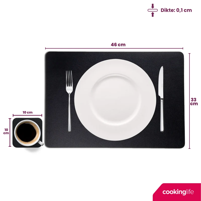 Cookinglife 6 Platzsets + 6 Untersetzer - Veganes Leder - Schwarz - 12 Stück