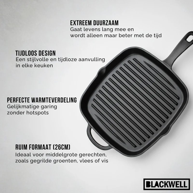 Blackwell Grillpfanne aus Gusseisen 26 x 26 cm – ohne Antihaftbeschichtung – geeignet für alle Herdarten