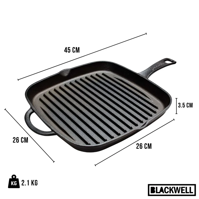 Blackwell Grillpfanne aus Gusseisen 26 x 26 cm – ohne Antihaftbeschichtung – geeignet für alle Herdarten