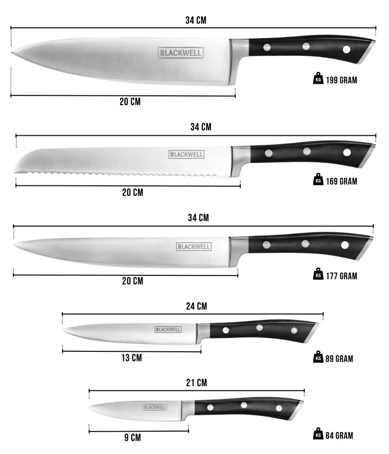 Blackwell Messerblock - Deluxe - Kochmesser, Brotmesser, Fleischmesser, Officemesser & Schälmesser 6-teilig