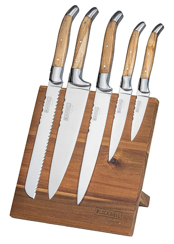 Blackwell Messerblock - Laguiole - Olivenholz - Kochmesser, Brotmesser, Fleischmesser, Officemesser & Schälmesser 6-teilig