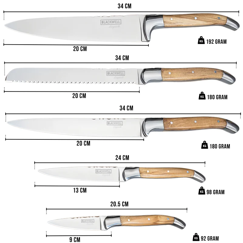 Blackwell Messerblock - Laguiole - Olivenholz - Kochmesser, Brotmesser, Fleischmesser, Officemesser & Schälmesser 6-teilig