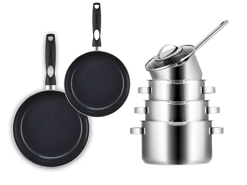 Sola Topfset Pearl 6-teilig – Edelstahl – downdraft-geeignet – Kochtöpfe Ø 16, 18, 20 cm & Stieltopf Ø 16 cm + BEKA Bratpfannen Ø 24, 28 cm – geeignet für alle Herdarten
