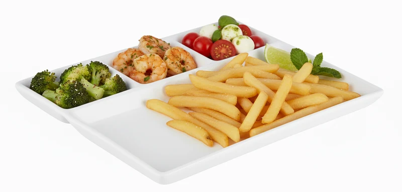 Cookinglife Fondueteller / Gourmetteller / Grillteller – 4 Fächer – Weiß – 26 x 20 cm – 4 Stück