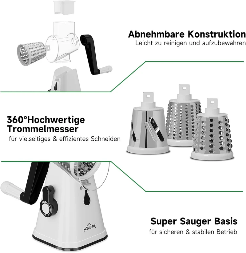 HOMELUX Drehscheibenreiber 3-fach Gemüse- und Käseschneider Handkurbel 3-teilige Trommel für Gemüse Universal-Reibe