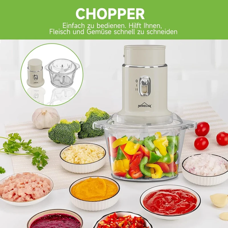 HOMELUX 4-in-1 Küchenallrounder: Zerkleinern, Mixen & Mahlen mit robustem 2L Glasbehälter und 600ml Saftbecher