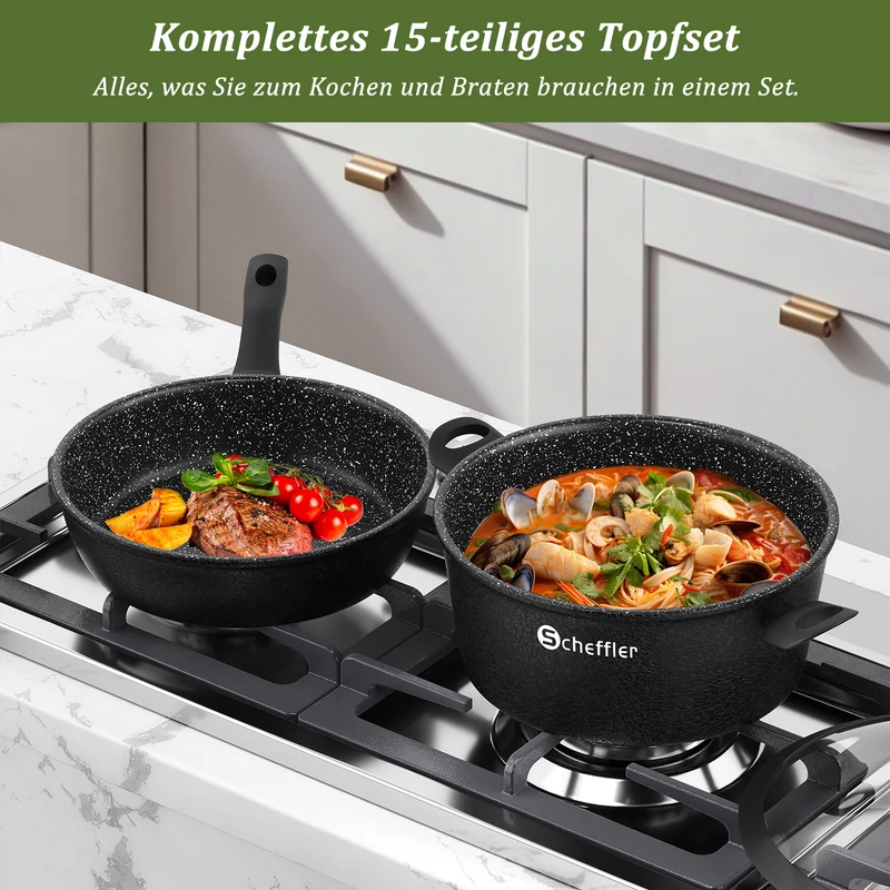Scheffler 15-teiliges Topf- und Pfannenset mit Antihaftbeschichtung, induktionsgeeignet & Glasdeckeln