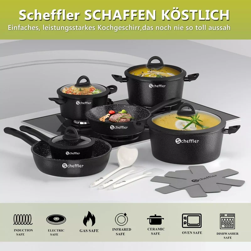 Scheffler 15-teiliges Topf- und Pfannenset mit Antihaftbeschichtung, induktionsgeeignet & Glasdeckeln