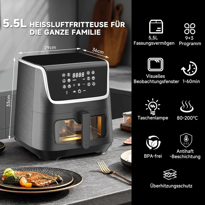 Scheffler Heißluftfritteuse XXL 5.5L Sicherheitsschutz Airfryer mit Sichtfenster, 1800W, 12 Programmen LED-Touchscreen BPA-frei