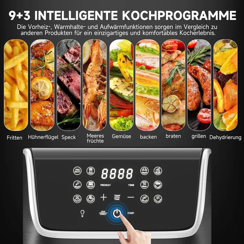 Scheffler Heißluftfritteuse XXL 5.5L Sicherheitsschutz Airfryer mit Sichtfenster, 1800W, 12 Programmen LED-Touchscreen BPA-frei