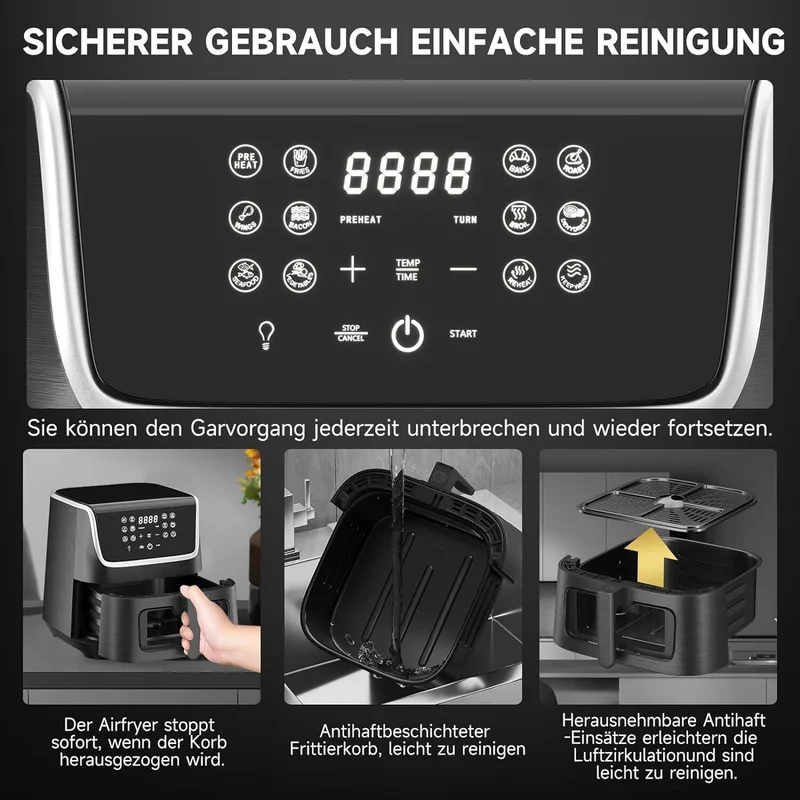 Scheffler Heißluftfritteuse XXL 5.5L Sicherheitsschutz Airfryer mit Sichtfenster, 1800W, 12 Programmen LED-Touchscreen BPA-frei