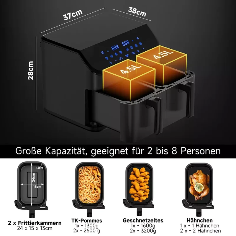Scheffler Heißluftfritteuse 2 kammern 9L Airfryer 8 Programme Dual Cook & Sync Finish
