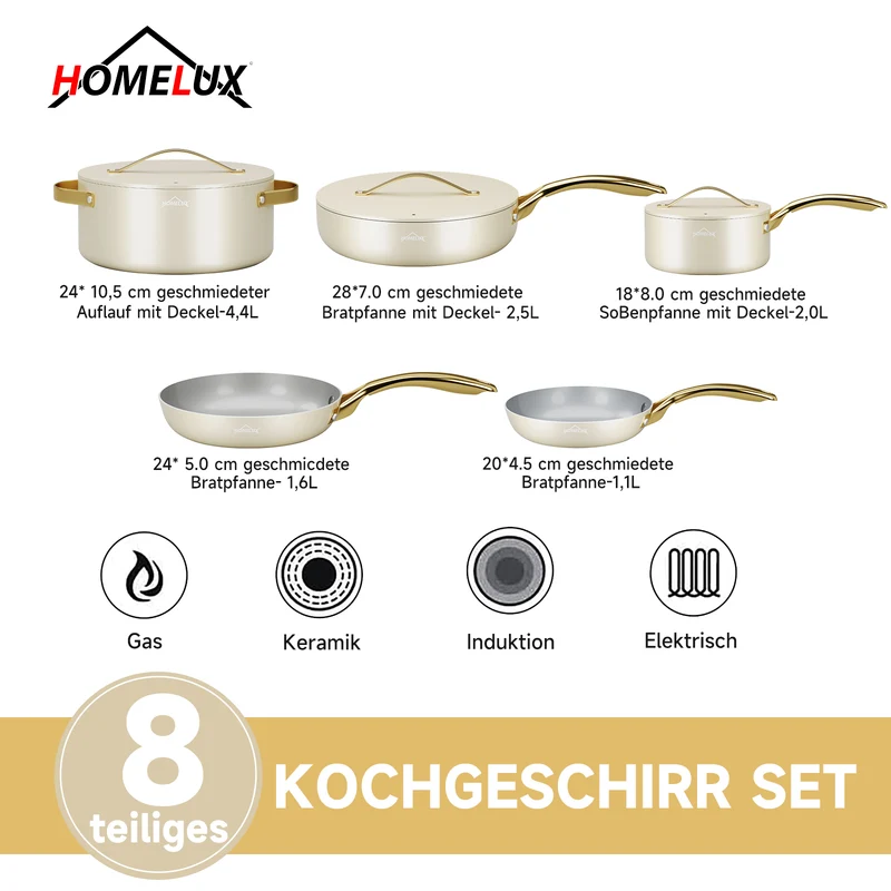HOMELUX 8-teiliges Induktions-Topfset inklusive Bratpfannen und Glasdeckeln für die moderne Küche