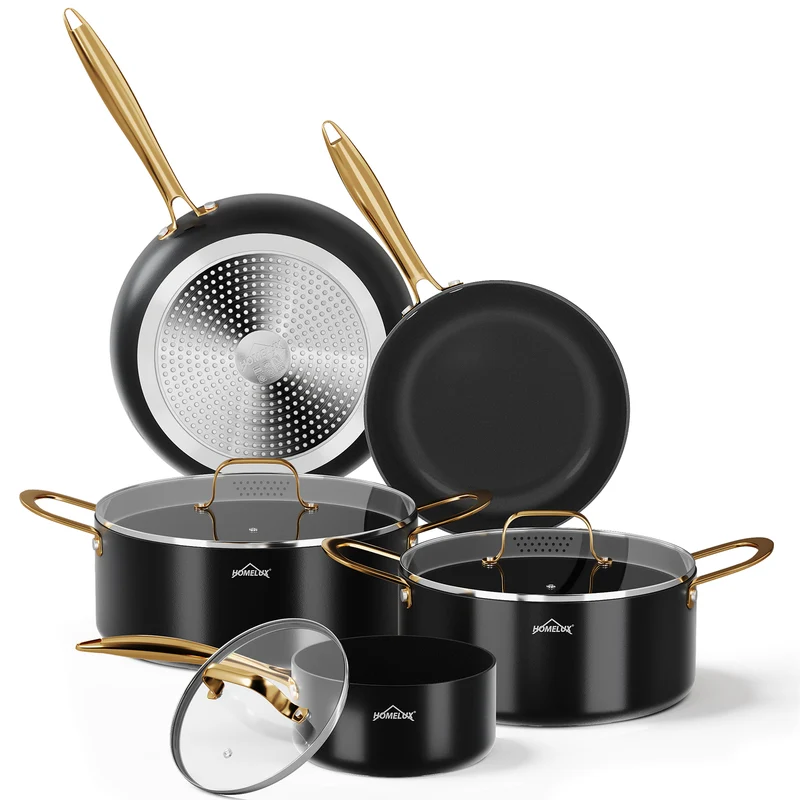 HOMELUX 8-teiliges Induktions-Topfset mit Glasdeckel Kochtöpfe und Pfannen für alle Herdarten in Schwarz
