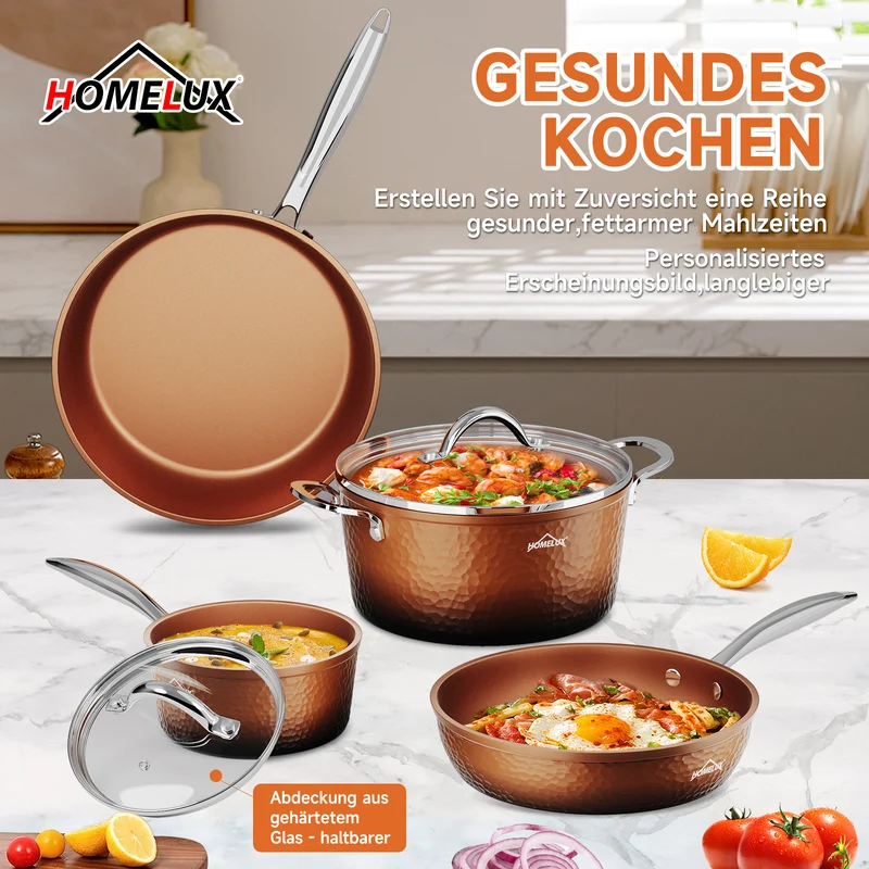 8-teilig Kochtopf Set Topfset Induktion mit Glasdeckel Aluguss Töpfe Pfannen Set
