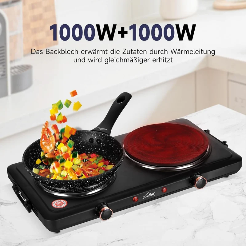 Herdplatte mit tragbaren Doppelkochfeldern, 1000W/1500W/2000W/2500W, elektrisch Herdplatte
