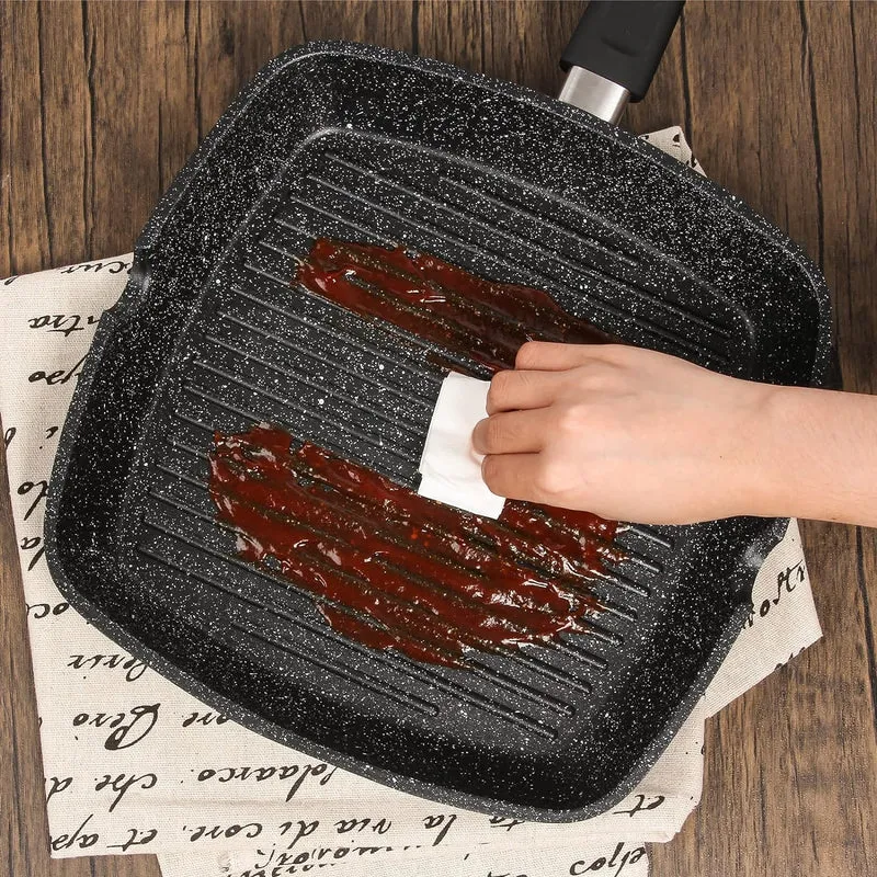 28x28 cm Grillpfanne mit Ausguss, 100% PFOA-frei. Antihaftbeschichtete Steakpfanne aus Aluminiumguss für Gas, Induktion & Elektroherd