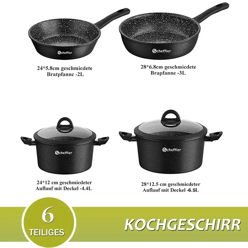 Scheffler 6-tlg Topfset Pfannenset Antihaftbeschichtung Induktions Töpfe Set mit Ultra-Antihaft-Beschichtung und Ergonomischen Griffe für alle Herdarten