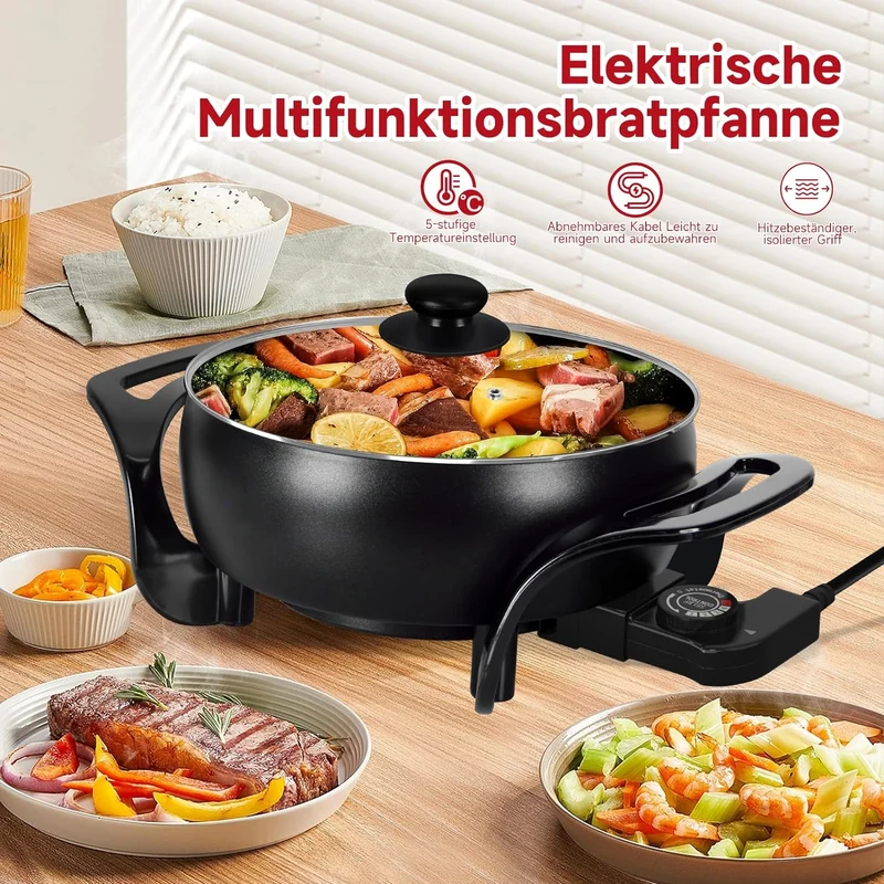Elektrische pfanne Elektropfanne mit deckel, Elektrische Multipfanne,mit Antihaftbeschichtet