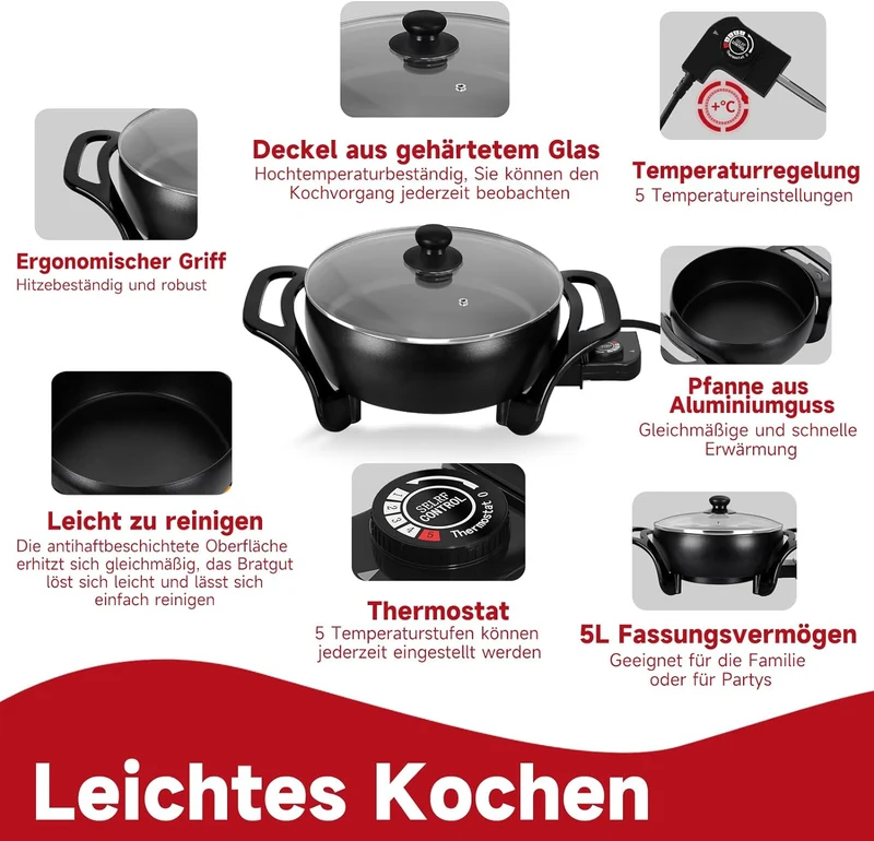 Elektrische pfanne Elektropfanne mit deckel, Elektrische Multipfanne,mit Antihaftbeschichtet