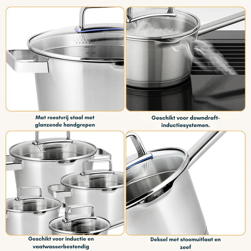Sola Topfset Diamond 5-teilig – Edelstahl – downdraft-geeignet – Kochtöpfe Ø 16, 18, 20, 24 cm & Stieltopf Ø 16 cm – geeignet für alle Herdarten