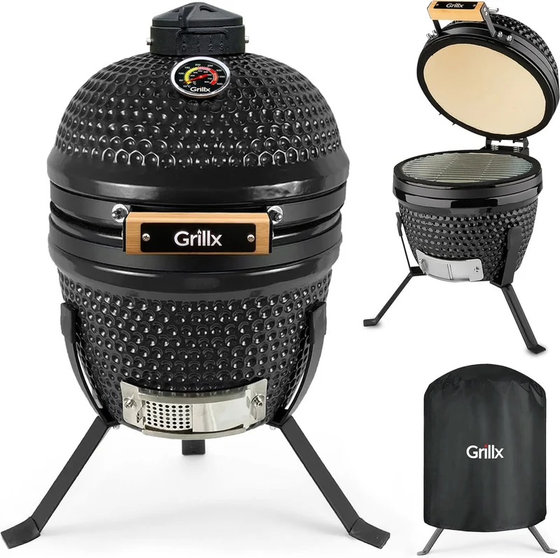 GrillX Kamado 13 Zoll - inklusive Abdeckhaube - Barbecue Egg - Holzkohlegrill - Schwarz - Ø 27 cm