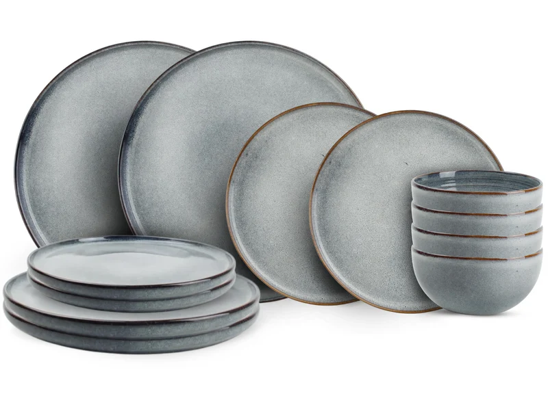 ONA Geschirrset Duna Blue - 12-teilig / 4 Personen - 4 Speiseteller, 4 Frühstücksteller und 4 Schalen