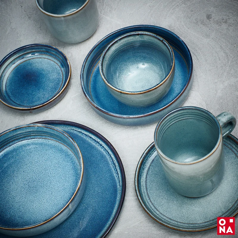 ONA Geschirrset Duna Blue - 12-teilig / 4 Personen - 4 Speiseteller, 4 Frühstücksteller und 4 Schalen