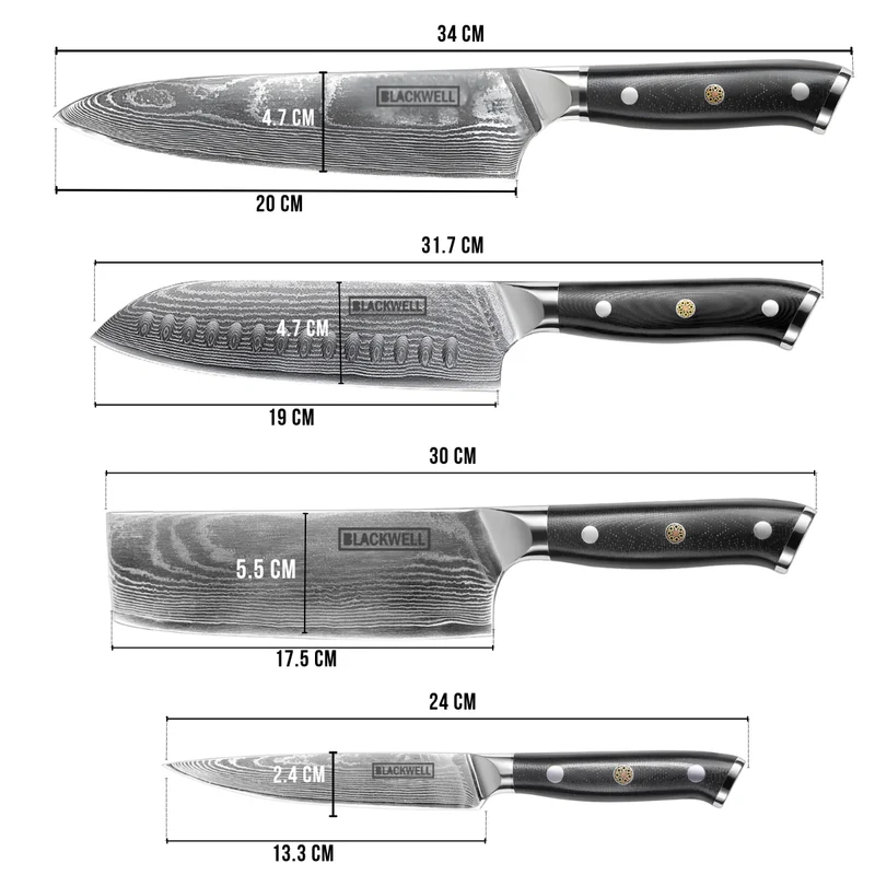 Blackwell Messerset (Kochmesser + Santokumesser + Nakirimesser + Officemesser) – Japanischer Stil – 67 Lagen Damaszenerstahl – VG10 – 4-teilig