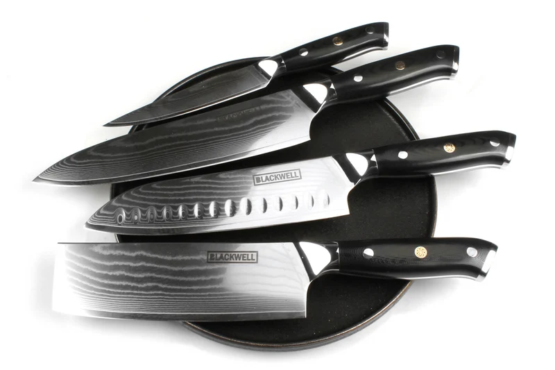 Blackwell Messerset (Kochmesser + Santokumesser + Nakirimesser + Officemesser) – Japanischer Stil – 67 Lagen Damaszenerstahl – VG10 – 4-teilig